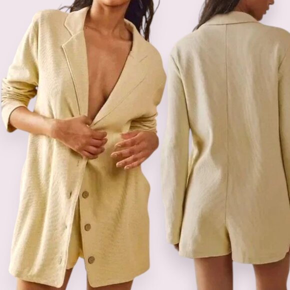 Free People Pants - FREE PEOPLE BEACH Light Green Lizzie Blazer Romper Size L Ribbed Cotton V Neck